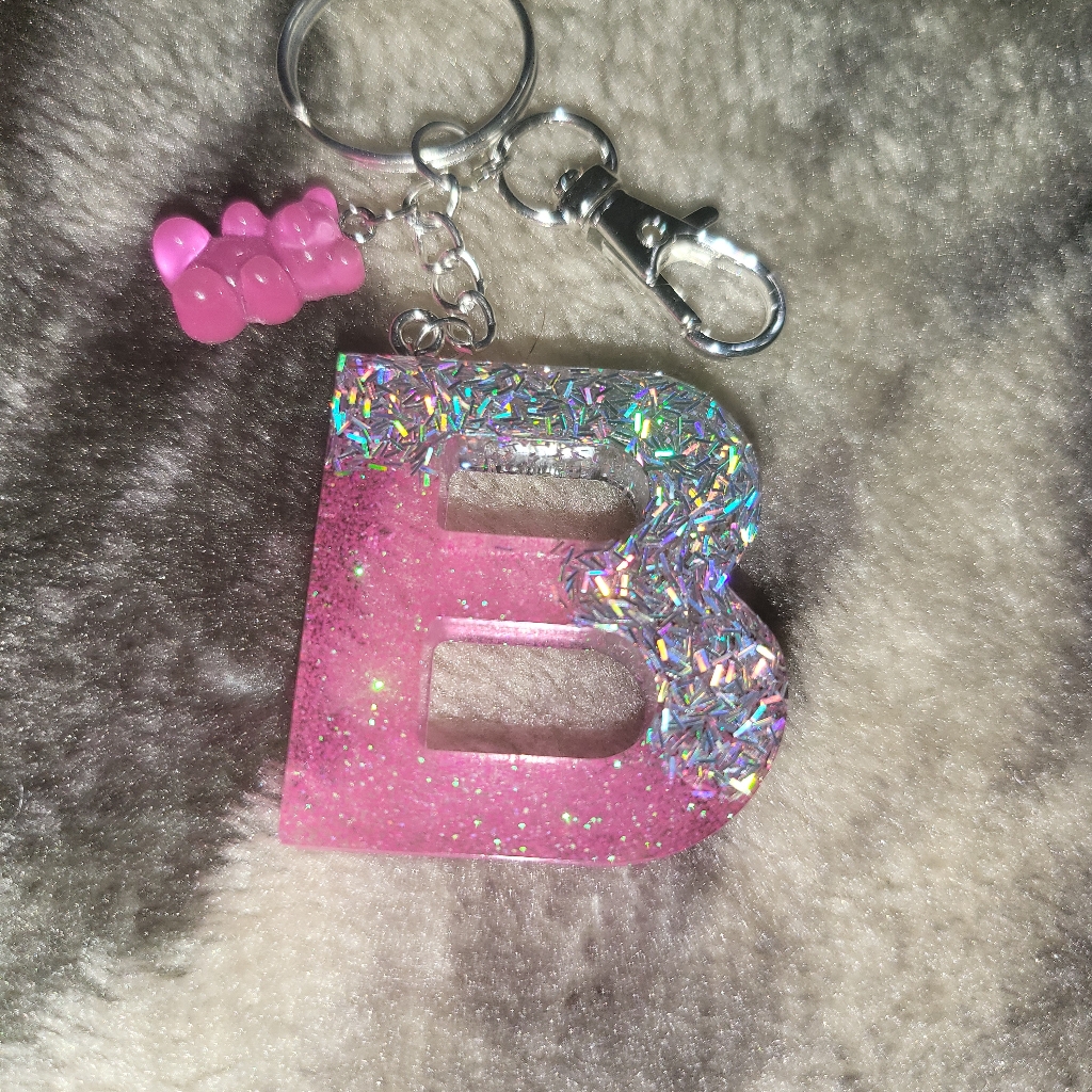 Holographic Sliver  Pink B Keychain